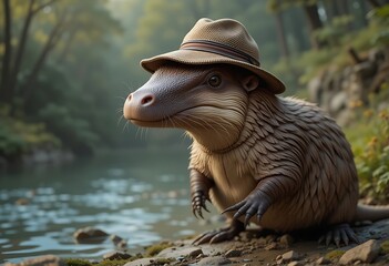 Fototapeta premium A Curious Capybara in a Fedora by the Misty Riverbank