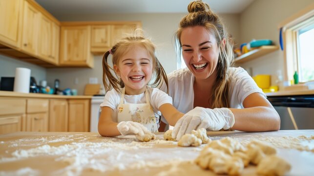 Joyful moments of a mother and daughter baking together in a bright kitchen, sharing laughter and fun with flour and dough on the table - Powered by Adobe