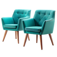 Modern turquoise armchairs with wooden legs, each featuring a unique design, showcasing contemporary furniture styles, isolated on a transparent background.