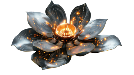 Futuristic glowing metallic lotus flower with circuitry on transparent background