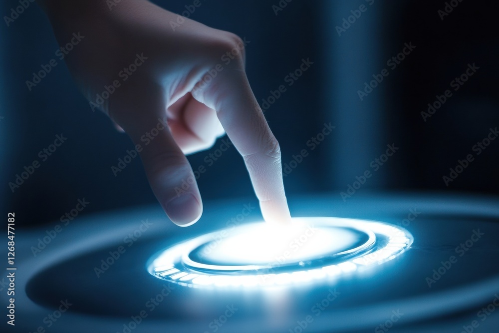 Poster Robotic hand engages with a virtual glowing button in a futuristic setting. Generative AI