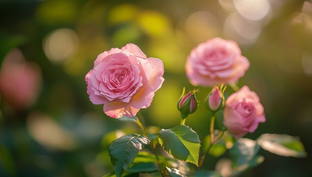 Pink roses blooming garden sunset bokeh background (1)