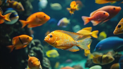 Fototapeta premium a school of tropical fish, showcasing their vibrant colors and intricate patterns in clear waters.