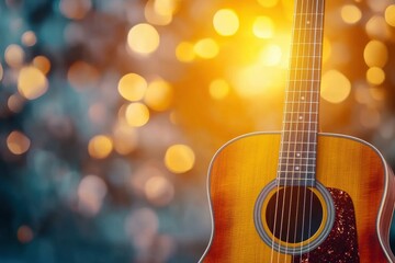 Naklejka premium Wooden acoustic guitar illuminated by soft bokeh lights in a warm evening setting. Generative AI
