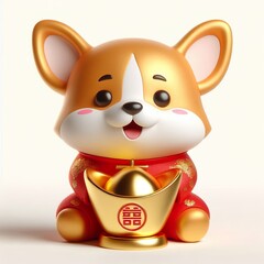 Naklejka premium 3D Chinese New Year cute gold red happy lucky Corgi dog character holds an Ingot on a white background