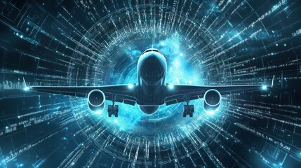 Airplane Flying Through Digital Tunnel