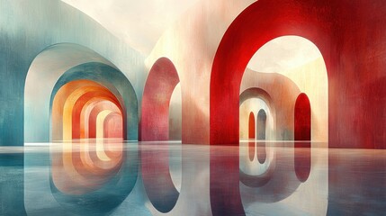 Fototapeta premium Vibrant Abstract Architectural Design with Colorful Arches and Reflections