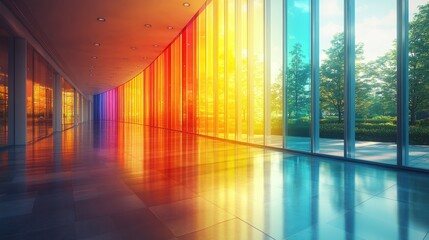 Fototapeta premium Vibrant Glass Wall with Colorful Reflections in Modern Interior Space