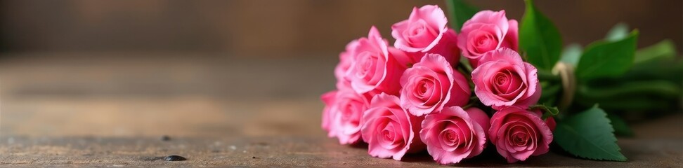 A bouquet of pink roses tied with twine and placed on a wooden table, bloom, flowers