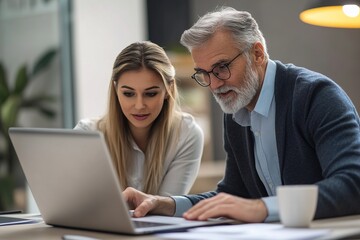Business team of two executives working together using laptop in office. 