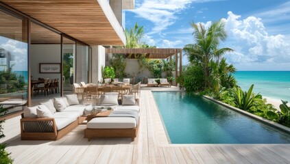 Fototapeta premium Luxury Beachfront Villa with Infinity Pool: Tropical Getaway