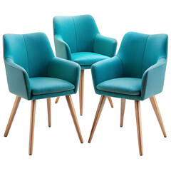 Modern turquoise armchairs with wooden legs, each featuring a unique design, showcasing contemporary furniture styles, isolated on a transparent background.