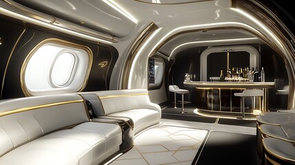 Luxury Private Jet Interior: Opulent Lounge and Bar Design