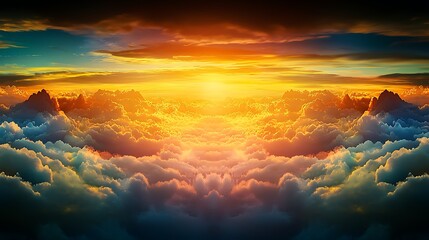 Golden sunset above cloudscape; aerial view, vibrant colors, peaceful background, ideal for design