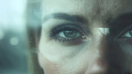 Woman's intense gaze through glass, city lights blurred background; pensive mood, ideal for corporate