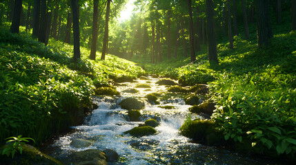 Obraz premium Sunlit Stream in Lush Green Forest
