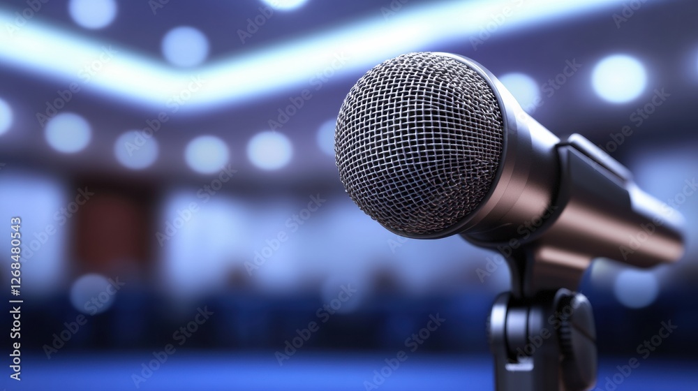 Poster close up of a microphone in a conference room set for a presentation during a corporate event. gener
