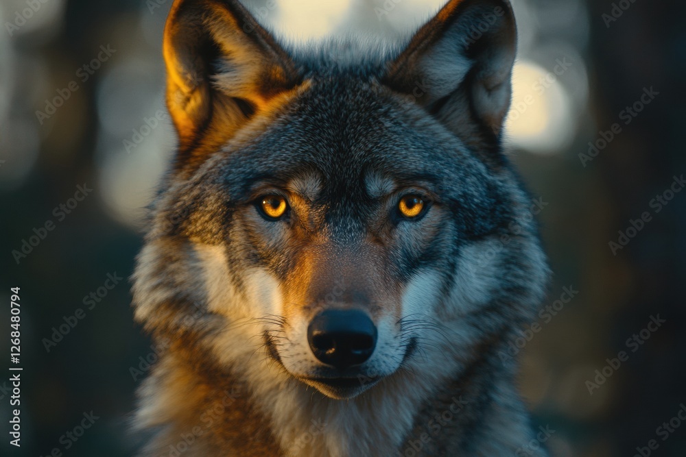 Aufkleber wolf with intense gaze in a tranquil forest during golden hour light. generative ai