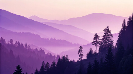 A breathtaking view of rolling mountains bathed in deep purple mist, with silhouetted trees enhancing the enchanting, otherworldly atmosphere of this dreamlike landscape