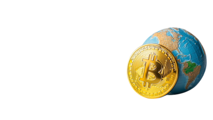 Shiny Bitcoin Coin with Vibrant Globe – Global Cryptocurrency Concept – PNG Background