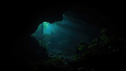A firefly's bioluminescent glow illuminating a dark forest cave, shadows, natural
