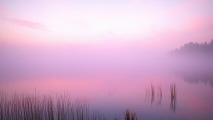 A gentle veil of soft pinks and lavenders veils a tranquil lake at dawn, pastel colors, tranquil atmosphere