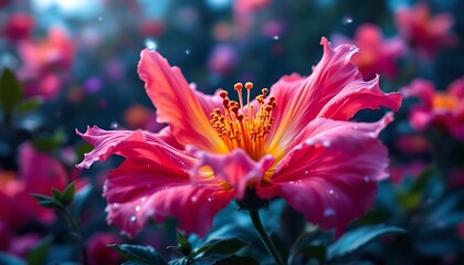 Close-up of Bright Pink Hibiscus Blooming in Garden with Bokeh