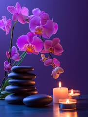 A beautiful arrangement of hot stones, candles, and orchid flowers on a table against a purple background for a spa salon banner design