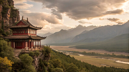 Fototapeta premium A traditional pagoda-style temple perches on a steep cliff, overlooking vast open plains, distant mountains, and a dramatic cloud-filled sky