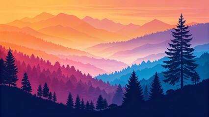 An enchanting forest scene with misty, multicolored mountains glowing in warm golden hues. Silhouetted evergreen trees stand against a dreamy, layered twilight sky