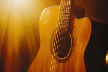 Naklejka premium Warm light glimmers on an acoustic guitar resting in a cozy indoor space during evening hours. Generative AI