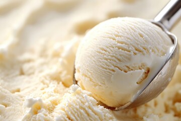 A creamy vanilla ice cream scoop being lifted from a tub, highlighting its rich texture and smooth consistency. Ideal for dessert menus, food packaging, and advertising