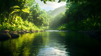Obraz premium Sunlit Tropical River in Lush Green Jungle