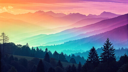 Rolling mountains stretch into the horizon, each ridge transitioning through brilliant hues, from deep blue valleys to warm golden peaks under a dreamy sky