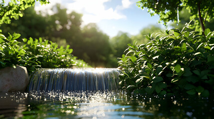 Sunlit Waterfall in Lush Green Forest