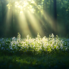 Obraz premium Sunlit White Flowers in a Green Forest