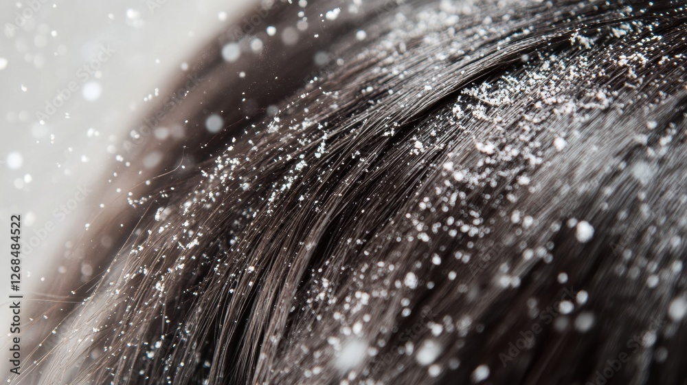 Aufkleber close up view of dandruff flakes on dark hair strands with clear background for text space. generati