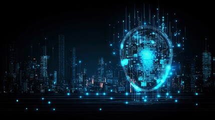 Fototapeta premium Futuristic Cityscape with Holographic Global Network Interface