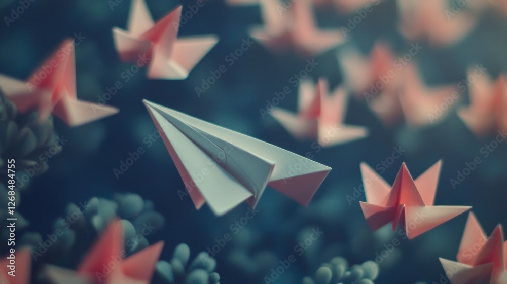 Fototapete Group of paper planes flying in one direction with one plane pointing differently representing creativity and innovative solutions. Generative AI