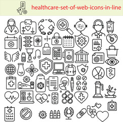 A Healthcare Web Icon Set includes icons representing medical services, hospitals, doctors, medications, first aid, diagnostics, and wellness, used for healthcare websites and applications