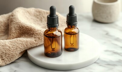 Close-up of amber glass dropper bottles with brown essential oil on a white marble plate, with a beige towel in the background, creating a modern aesthetic.