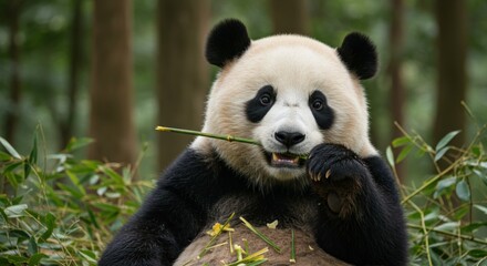 Baby Panda Eating Bamboo in a Bamboo Forest