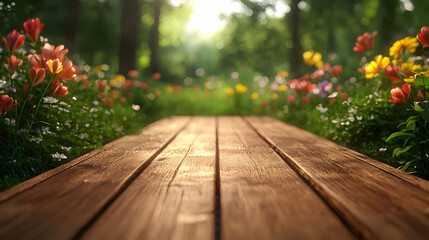 Sunlit Wooden Path Through Vibrant Spring Flowers