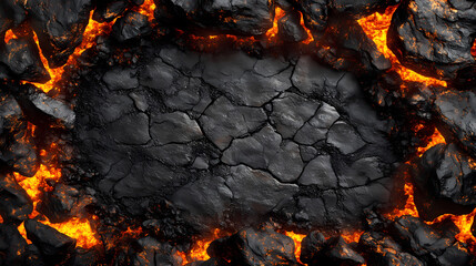 Aerial View of Fiery Lava Flow Amidst Black Volcanic Rocks