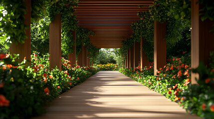 Sunlit Wooden Walkway Through a Rose Garden Pergola