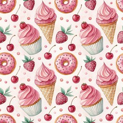 Seamless Pink Dessert Pattern with Cupcakes and Ice Cream