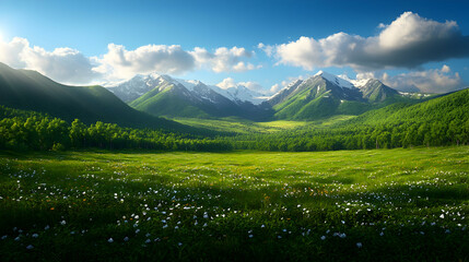 Fototapeta premium Sunny Alpine Meadow Landscape with Snow-Capped Mountains