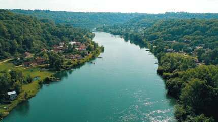 Obraz premium River winding through forested valley, with small town nestled along its banks. Aerial view