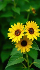 Fototapeta premium Bright yellow sunflowers against a lush green leafy background, plants, nature, blooming