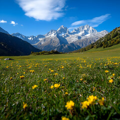 Fototapeta premium Sunny Alpine Meadow with Yellow Wildflowers and Snow-Capped Mountains